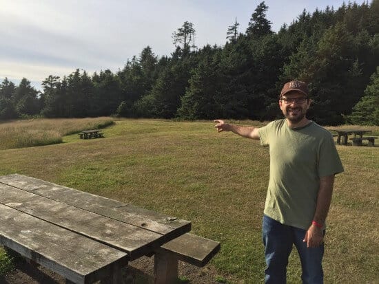 Pointing at the location of the Lighthouse Lounge Restaurant from "The Goonies."