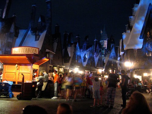 Hogsmeade Village at night in the Wizarding World of Harry Potter