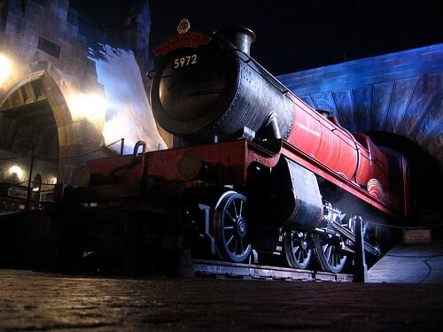 Hogwarts Express at night in the Wizarding World of Harry Potter