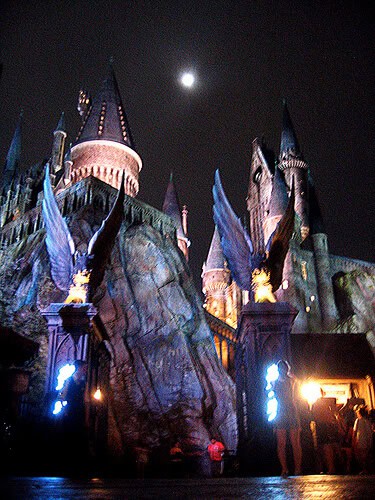 Hogwarts Castle at night in the Wizarding World of Harry Potter