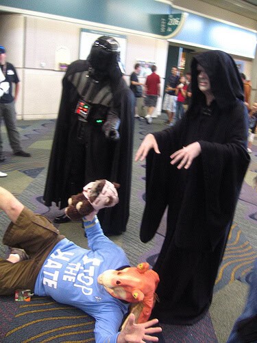 Emperor Palpatine and Darth Vader use the Force on Jar Jar