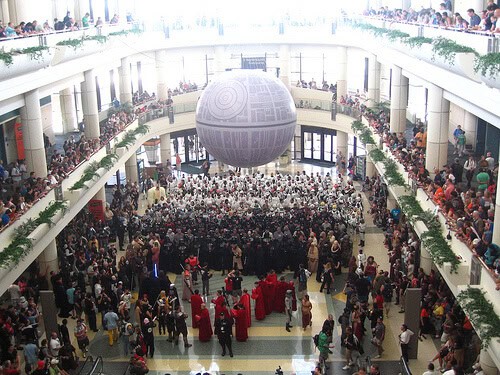 Huge gathering of Star Wars costumes under the Death Star