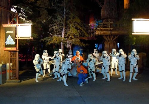 Stormtroopers pose with X-Wing outside Star Tours