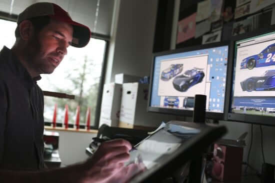 "Cars 3" Production Designer Jay Shuster works on the character design of Jackson Storm, as seen in his office on December 15, 2016 at Pixar Animation Studios in Emeryville, Calif. (Photo by Deborah Coleman / Pixar)