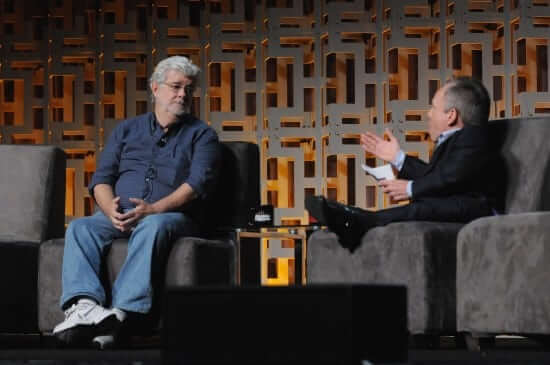 ORLANDO, FL - APRIL 13: George Lucas and Warwick Davis attend the 40 YEARS OF STAR WARS PANEL during the 2017 STAR WARS CELEBRATION at Orange County Convention Center on April 13, 2017 in Orlando, Florida. (Photo by Gerardo Mora/Getty Images for Disney) *** Local Caption *** George Lucas, Warwick Davis